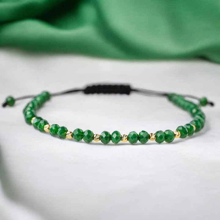 Bratara Arpatia cu bile din aur, snur reglabil si Cristale Verzi, Cutie Ambalare Cadou, Certificat Garantie