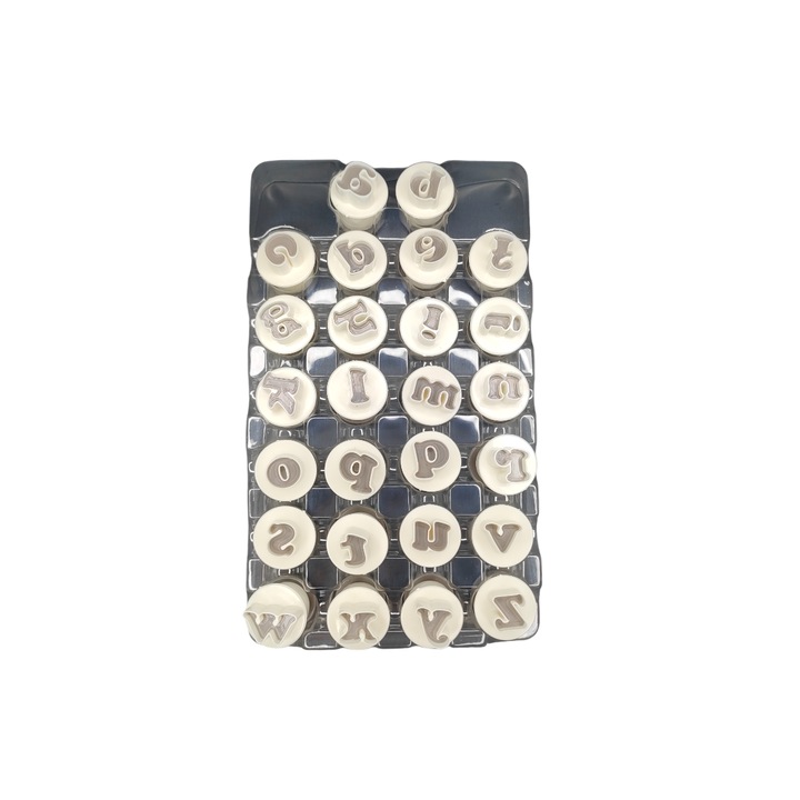 Set 26 decupatoare plastic alfabet litere maro cu piston