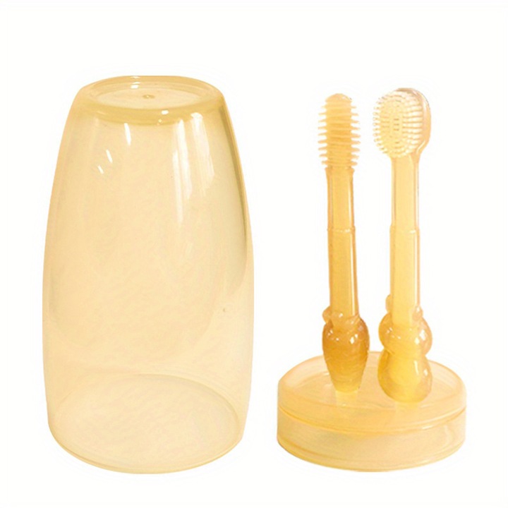 Szilikon fogkefekészlet, sárga, 0-18 hónapos babáknak, kis fej, puha sörték