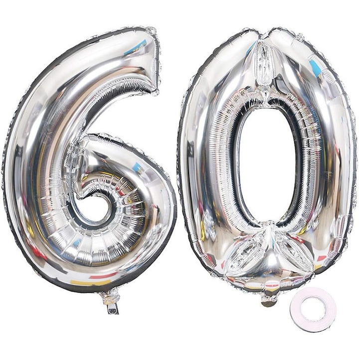 Ezüst születésnapi lufi 60 éves, 100 cm, bulira