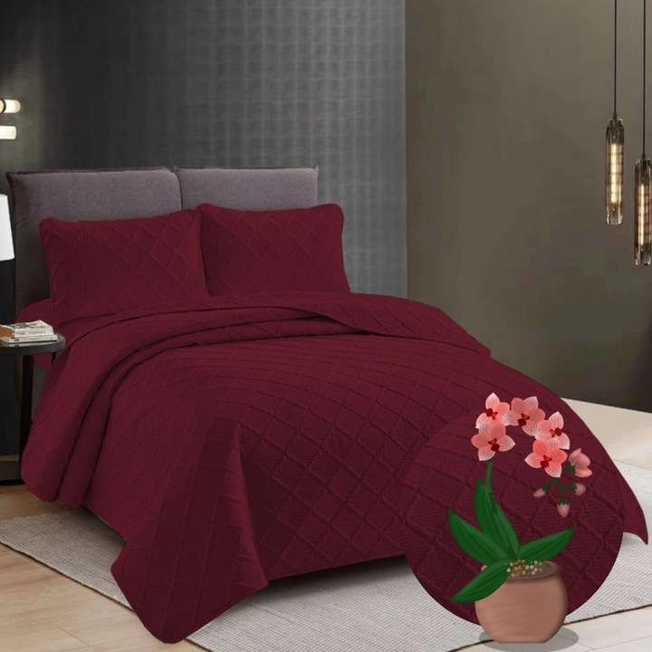 Cuvertura matlasata pat dublu, 230 x 250 cm cu 2 fete perna, 100% poliester, 3 piese, Ralex Pucioasa, Grena