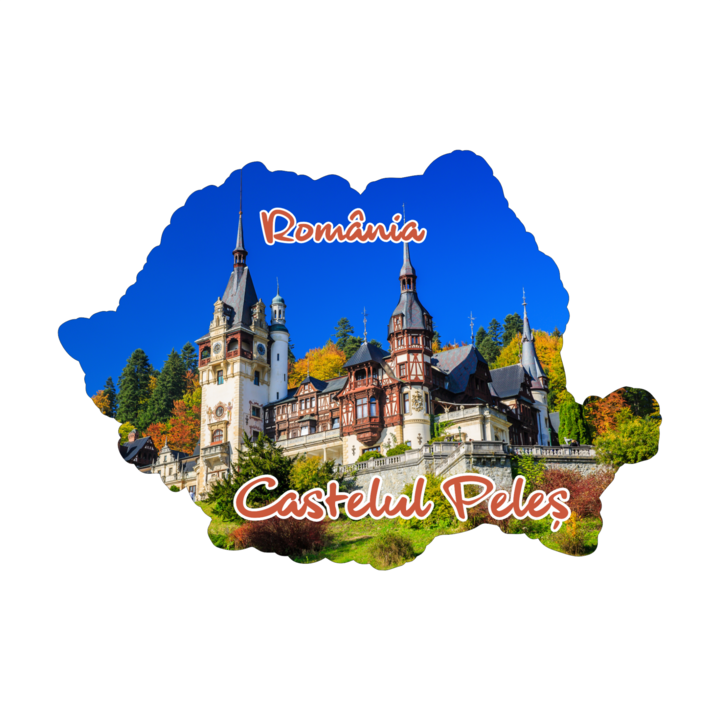 Magnet harta suvenir gift shop personalizat cu mesaj, Romania castelul peles, model 17, din lemn
