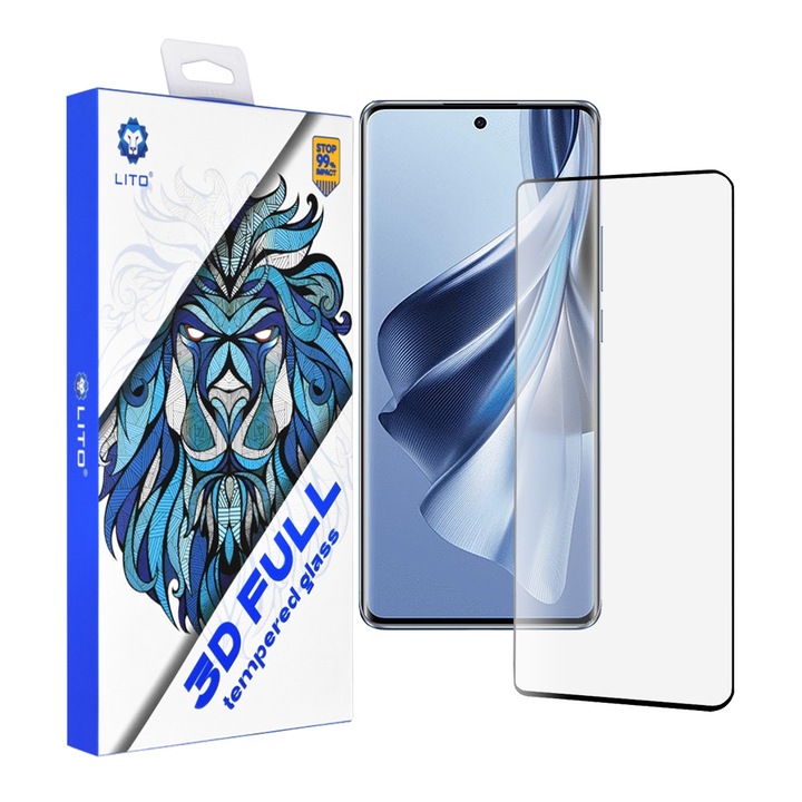 Фолио за Oppo Reno10, за Oppo Reno10 - Lito 3D Full Cover, E17, закалено стъкло, черно