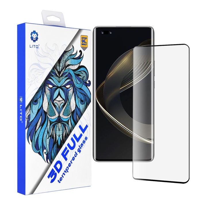 Калъф Huawei nova 11 Pro, за Huawei nova 11 Pro - Lito 3D Full Cover, E25, закалено стъкло, черен