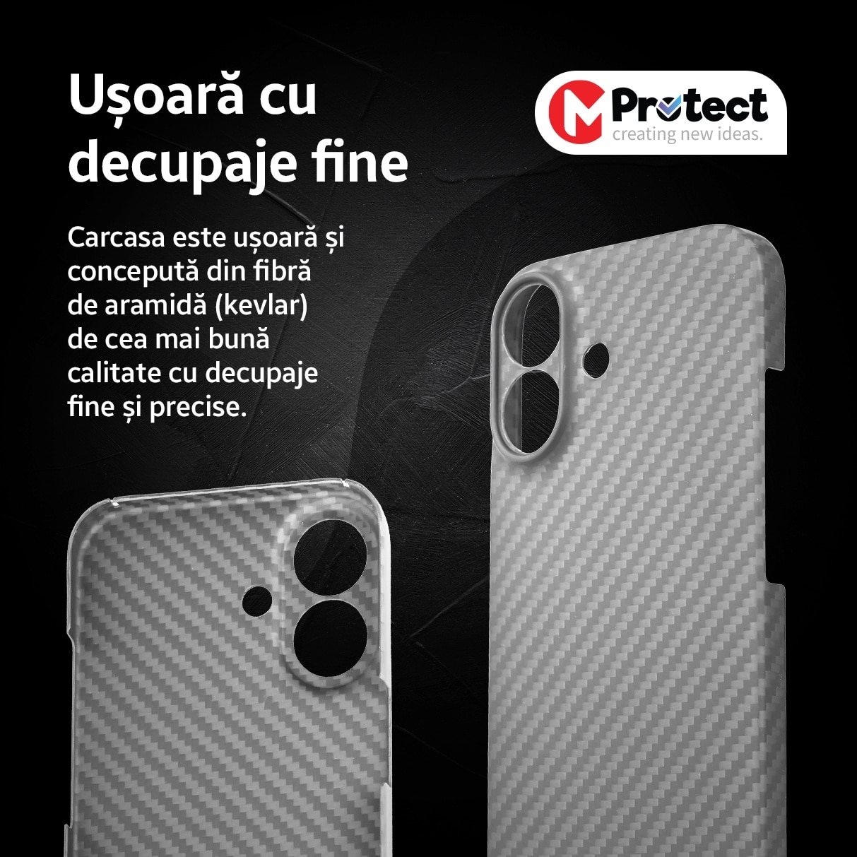 Husa de protectie Kevlar MProtect® Premium din fibra de aramida pentru Apple iPhone 16, Antisoc, Protectie camera, Ultra Safe, Carbon