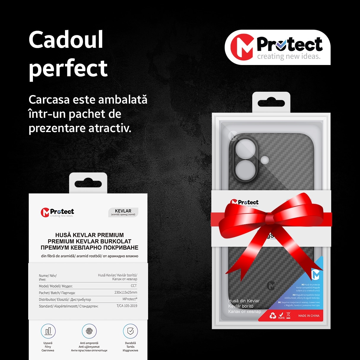 Husa de protectie Kevlar MProtect® Premium din fibra de aramida pentru Apple iPhone 16, Antisoc, Protectie camera, Ultra Safe, Carbon
