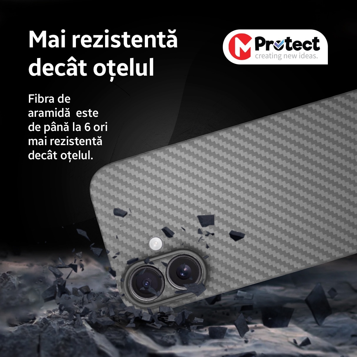 Husa de protectie Kevlar MProtect® Premium din fibra de aramida pentru Apple iPhone 16, Antisoc, Protectie camera, Ultra Safe, Carbon