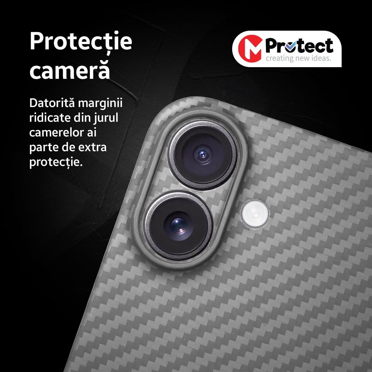 Husa de protectie Kevlar MProtect® Premium din fibra de aramida pentru Apple iPhone 16, Antisoc, Protectie camera, Ultra Safe, Carbon