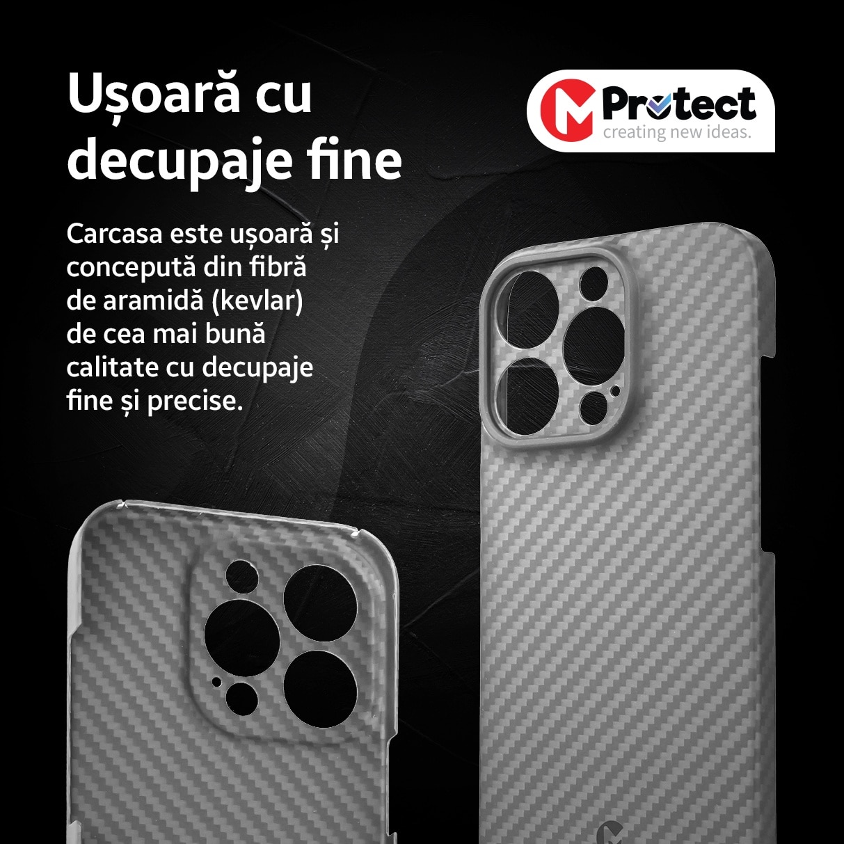 Husa de protectie Kevlar MProtect® Premium din fibra de aramida pentru Apple iPhone 16 Pro, Antisoc, Protectie camera, Ultra Safe, Carbon