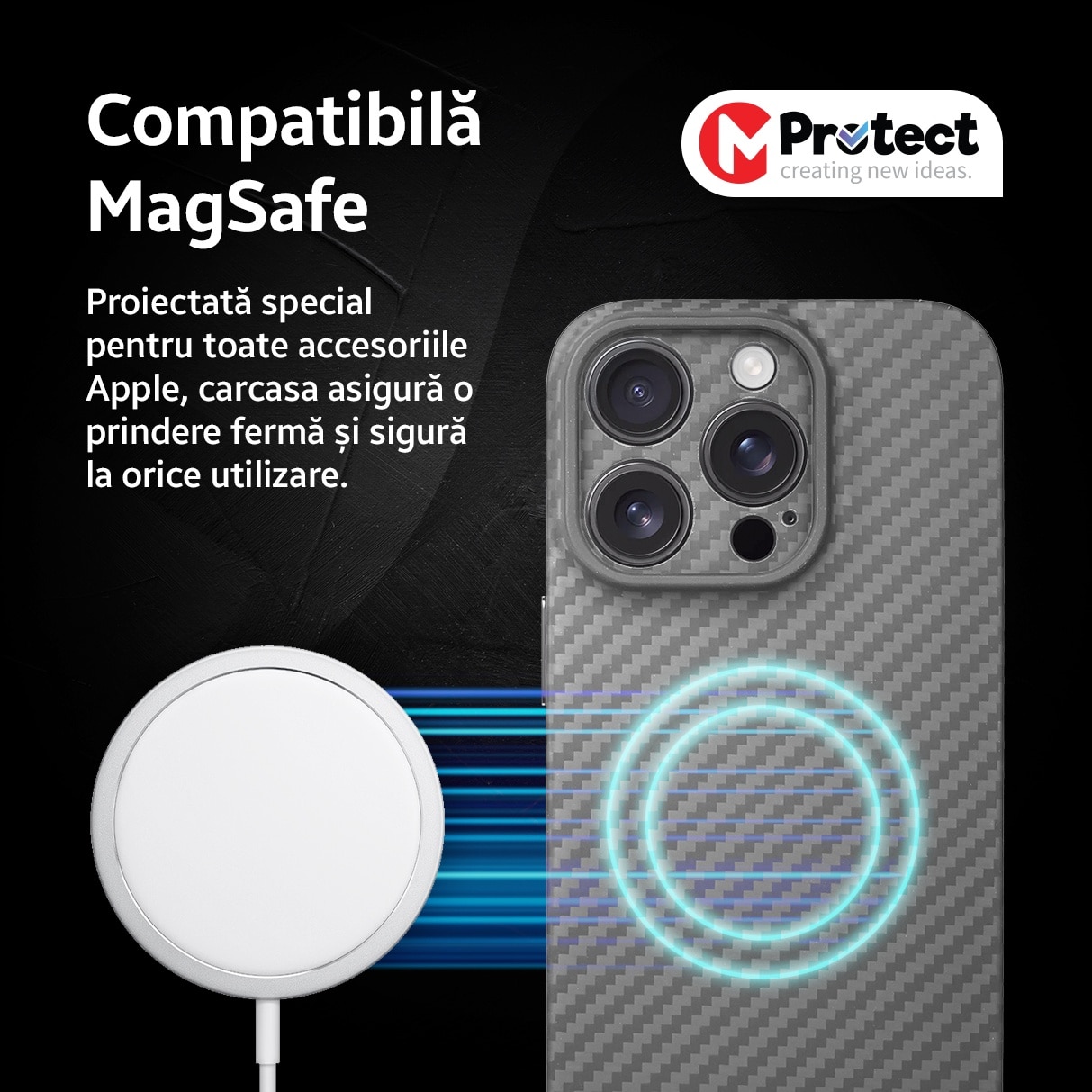 Husa de protectie Kevlar MProtect® Premium din fibra de aramida pentru Apple iPhone 16 Pro, Antisoc, Protectie camera, Ultra Safe, Carbon