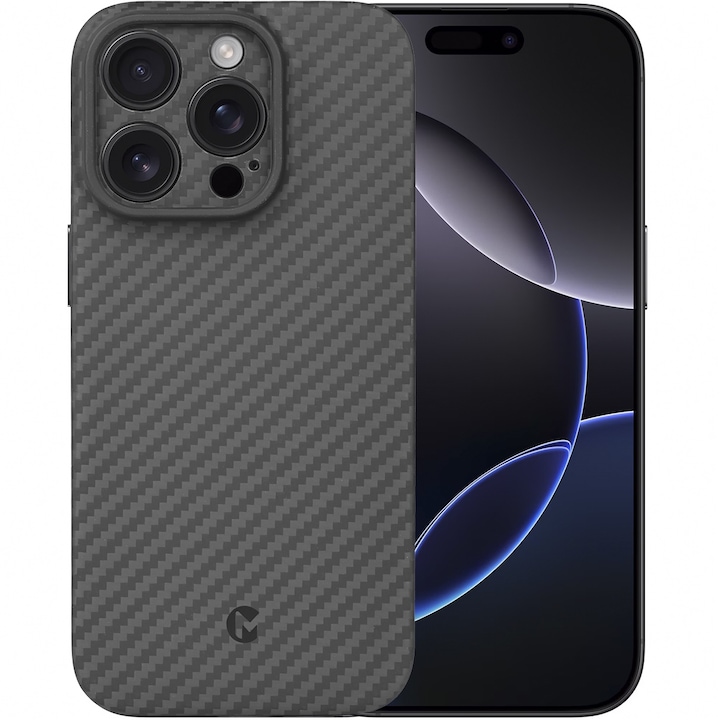 Husa de protectie Kevlar MProtect® Premium din fibra de aramida pentru Apple iPhone 16 Pro Max, Antisoc, Protectie camera, Ultra Safe, Carbon
