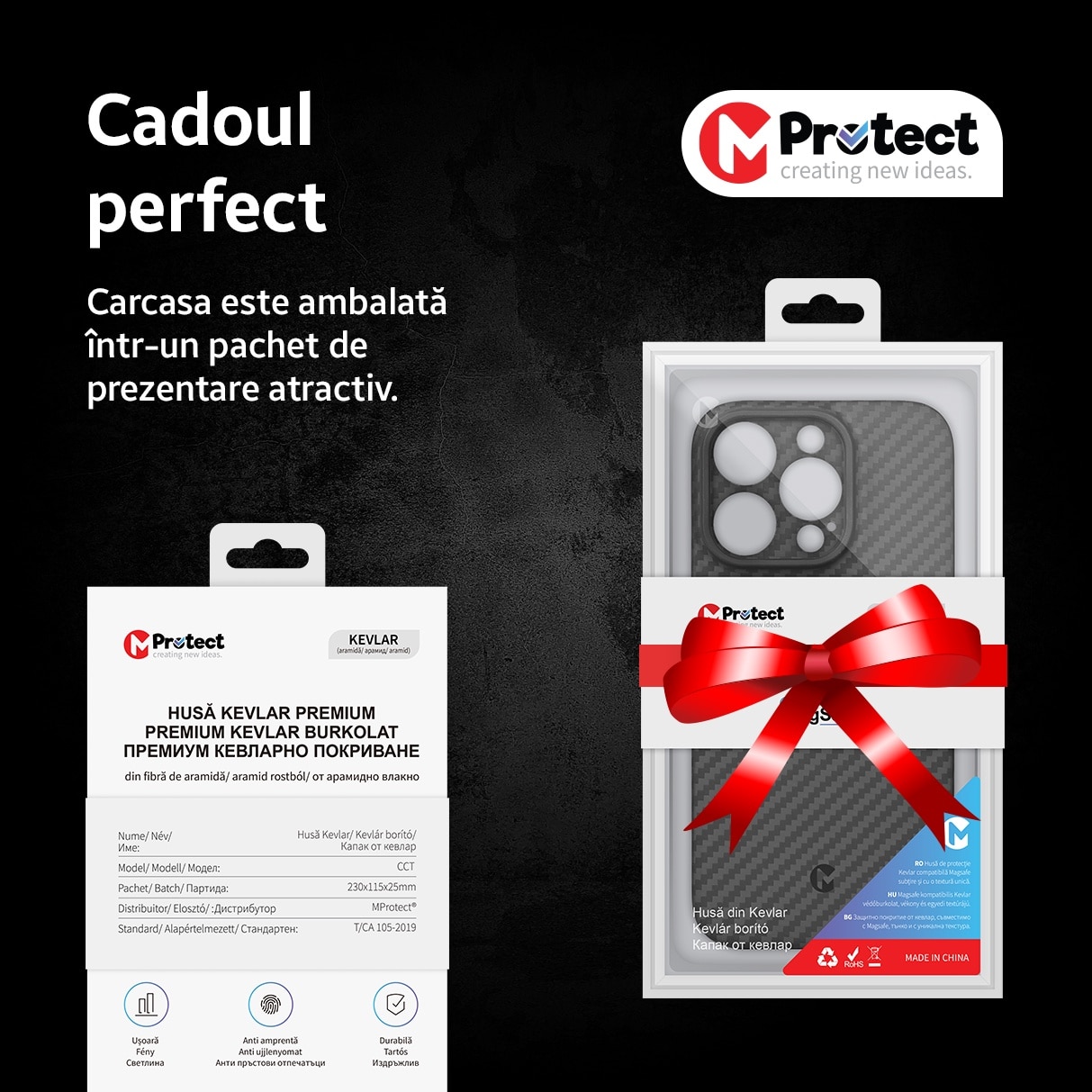 Husa de protectie Kevlar MProtect® Premium din fibra de aramida pentru Apple iPhone 16 Pro, Antisoc, Protectie camera, Ultra Safe, Carbon