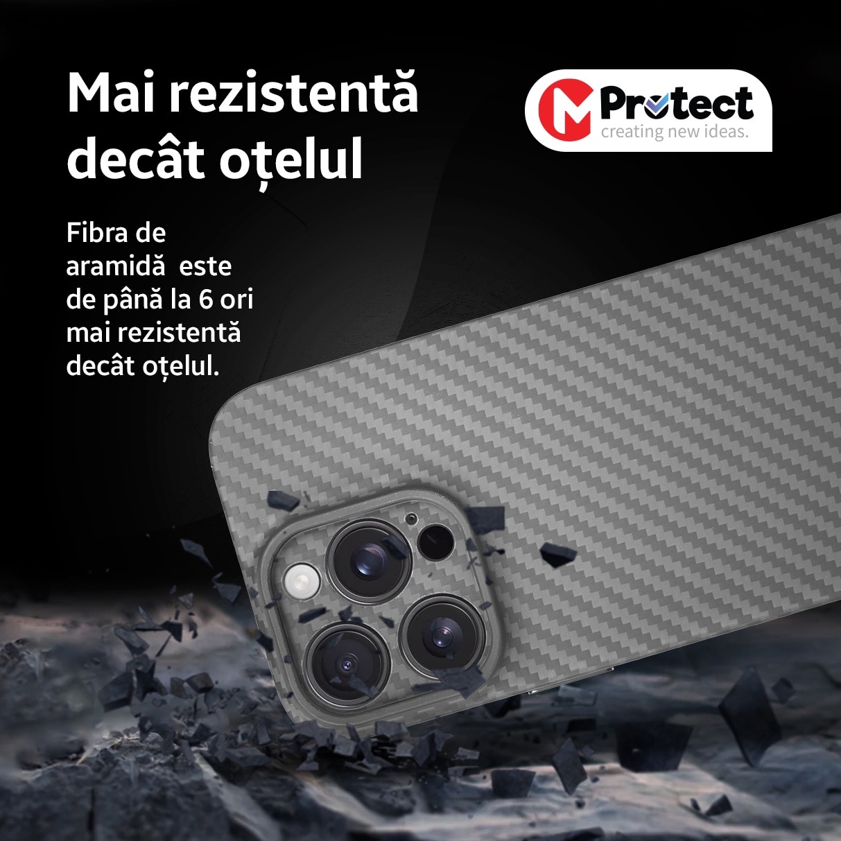 Husa de protectie Kevlar MProtect® Premium din fibra de aramida pentru Apple iPhone 16 Pro, Antisoc, Protectie camera, Ultra Safe, Carbon