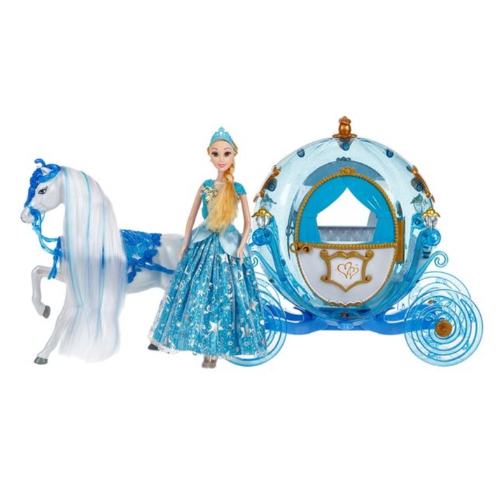 Set de joaca Antbro® papusa printesa cu caleasca albastra cu cal alb, cu luminite