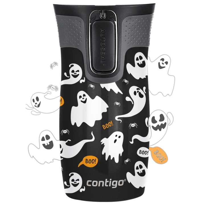 Cana de cafea termica, Inox Contigo West Loop Mini 300ml - halloween ghosts - Negru metalic