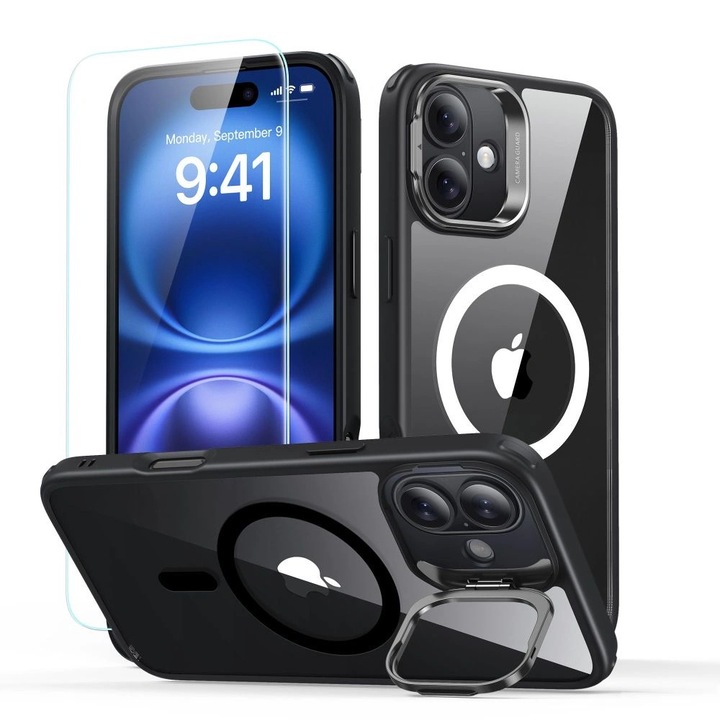 Készlet Tok és kijelzővédő üveg, ESR Classic Hybrid Kickstand Halolock MagSafe & Tempered Glass kompatibilis iPhone 16, Átlátszó-fekete