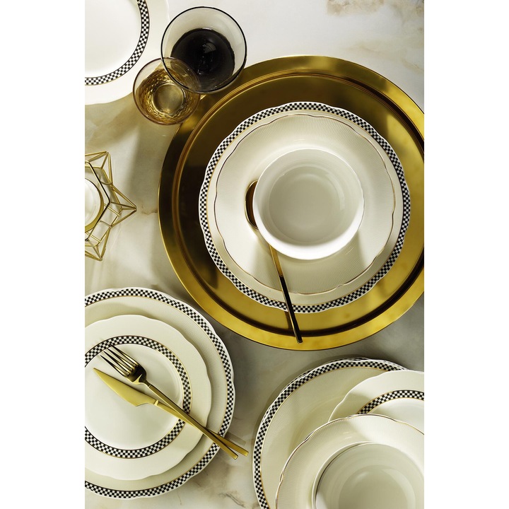 Set de sufragerie din portelan Kutahya, 24 piese, 6 persoane, culoare alb cu negru si auriu