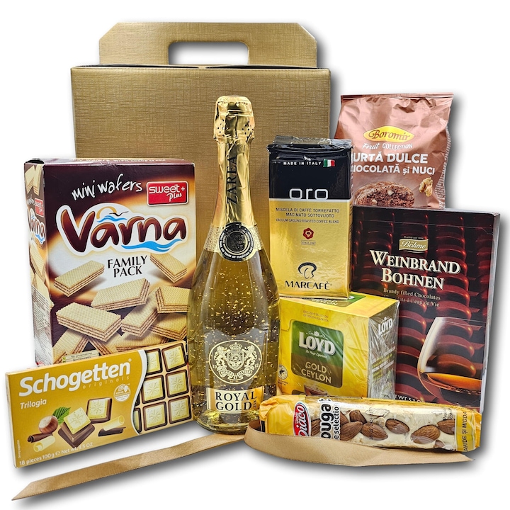 Pachet cadou elegant, CADOURI PREMIUM, model Royal Surprise, cu spumant Zarea Royal Gold infuzat cu aur 23k, cafea italiana si o multime de surprize dulci special selectionate pentru momente unice