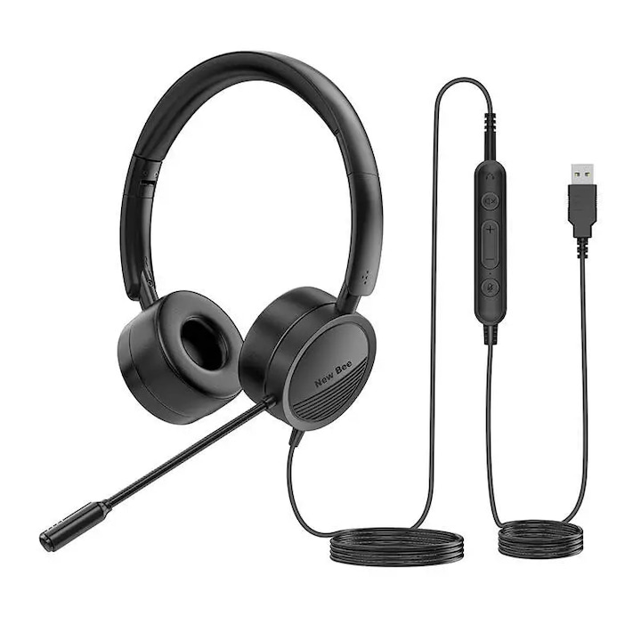 Casti audio cu microfon New Bee NB-H360, Control pe fir, USB, Negru