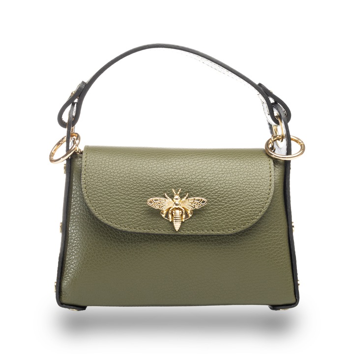 Дамска чанта естествена кожа Ирис, Тъмно каки, 6*20*13