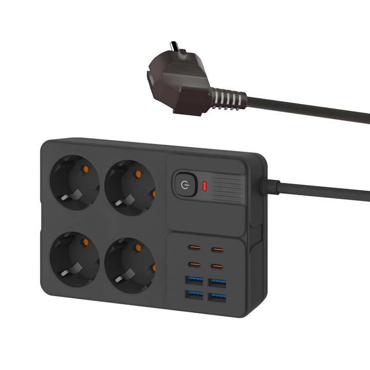 MOSMAOO® удължителен кабел, 4 EU гнезда, 7 USB, 1 Type-C, 10A, 1.8m, С превключвател, Защита от пренапрежение, HighPower, Функция за пренапрежение, Черен