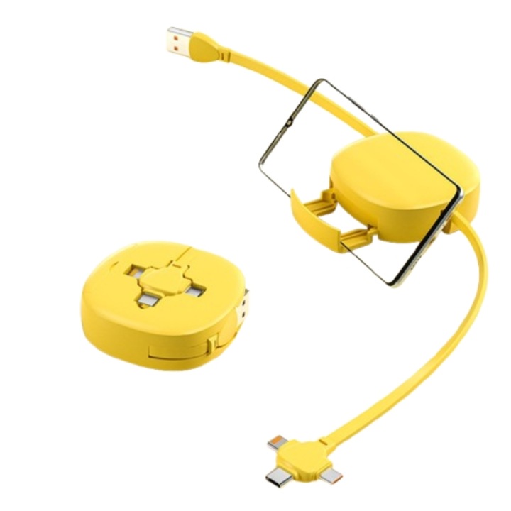 3 az 1-ben adatkábel, 100 W, visszahúzható, integrált tartó, sárga, 1,1 m