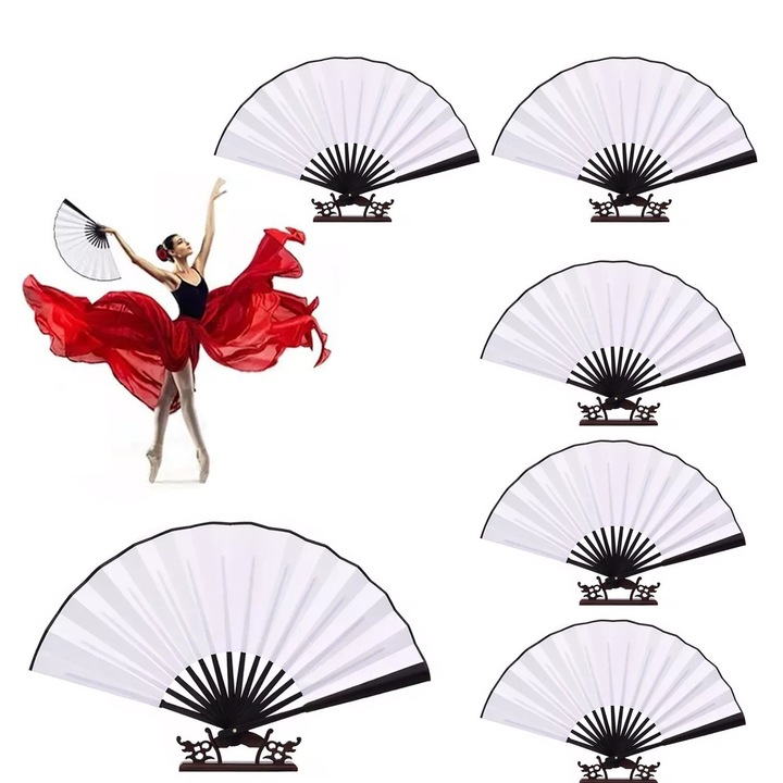 6 db-os kínai legyezőkészlet, MESEVEN, fehér, bambusz, egyszerű dizájn, dekoratív