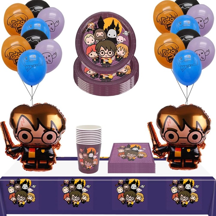 Harry Pot Születésnapi lufi és gyerekbuli kiegészítő készlet, lufik, tányérok, poharak, terítő, 20 személyes