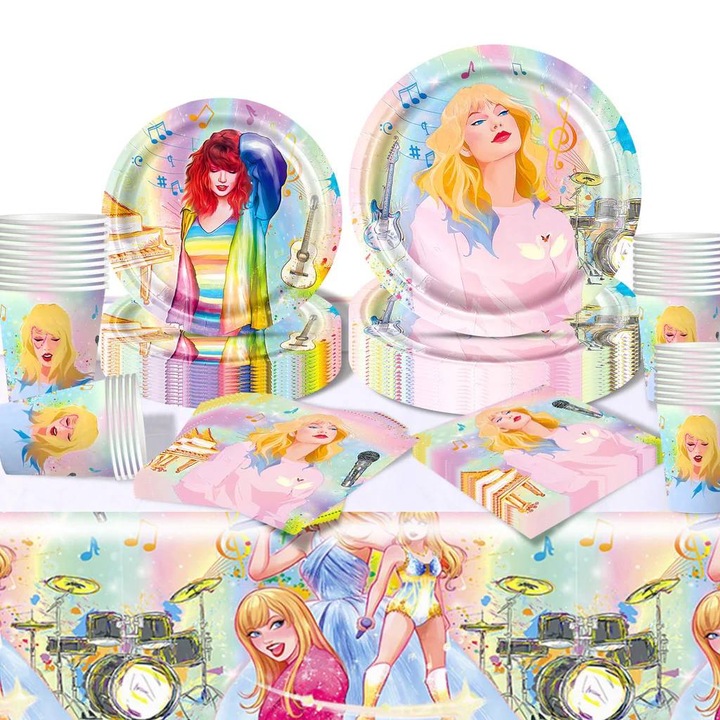 Set accesorii aniversare, petrecere copii Taylor S. Pop Star,, farfurii, pahare, fata de masa, pentru 20 persoane,80 piese
