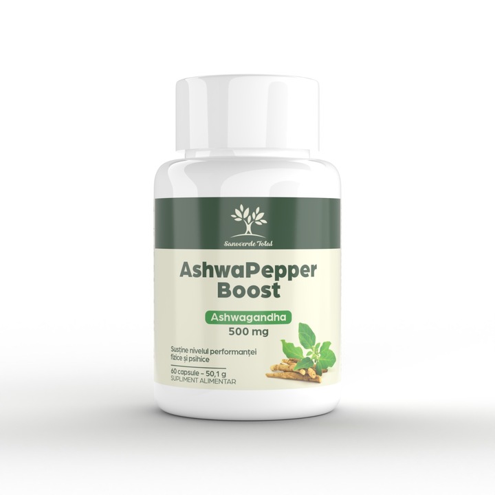 Ashwagandha 500 mg plus piperina 5 mg, supliment alimentar AshwaPepper Boost, 60 capsule, Sanoverde Total