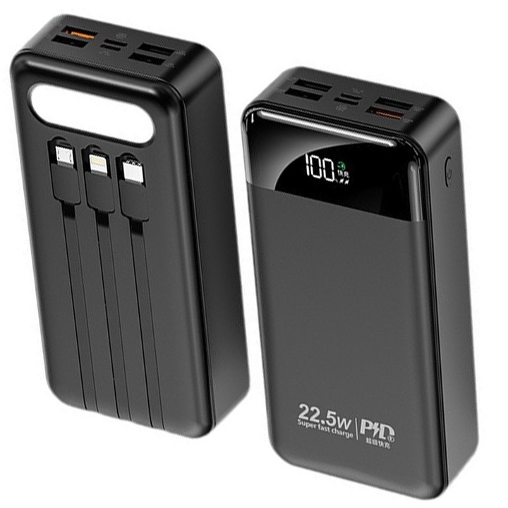 Acumulator si baterie externa, tehnologie PD de mare viteza 22.5w, power bank 20000 MA si, display digital, iluminare LED, 3 cabluri externe, negru