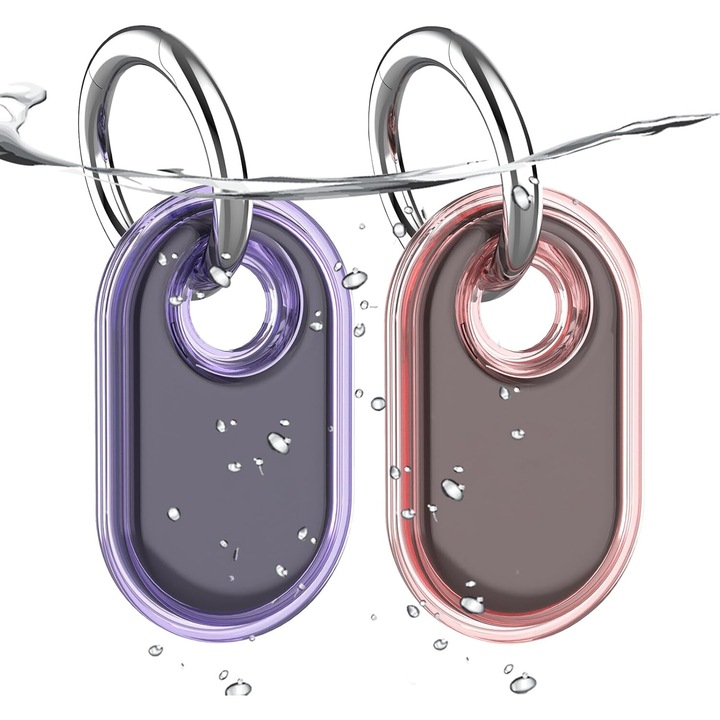 Set 2 TPU Material Huse de protectie SmartTag2, cu breloc de argint, SAFEMORE, compatibile cu Samsung Galaxy SmartTag2, Violet/Rosu