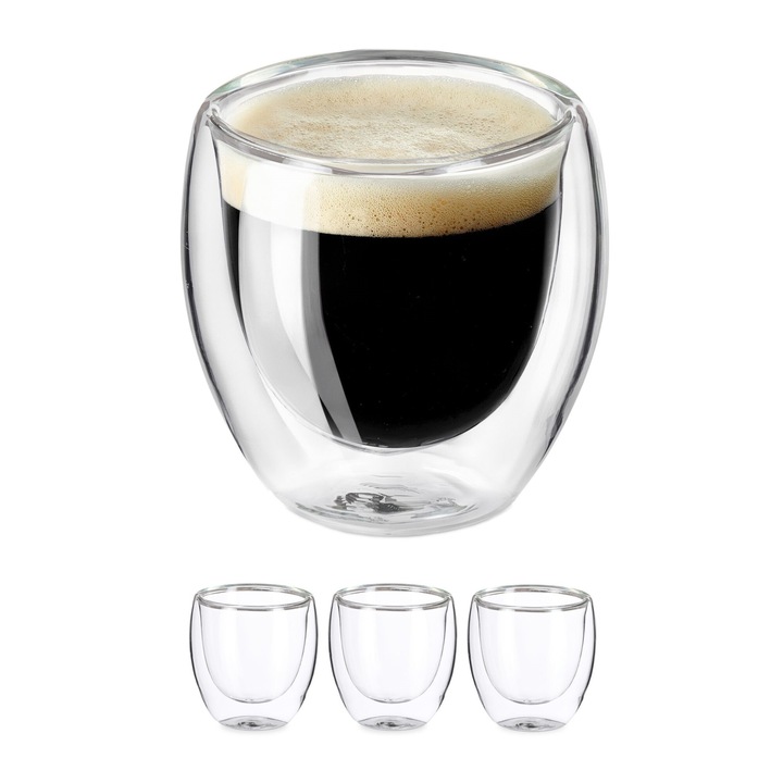 Set de 4 cani pentru espresso din sticla dublu stratificata, din sticla borsilicata, cu efect de flotare, ideale pentru un espresso perfect, transparent, 100 ml
