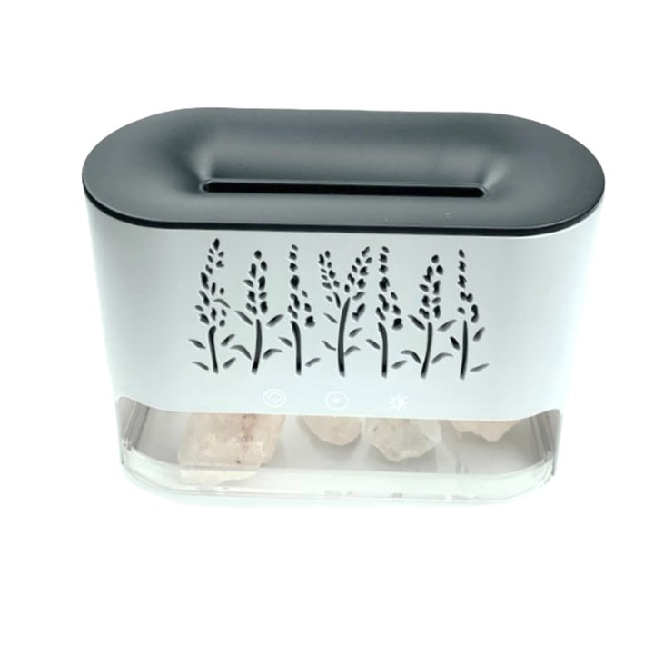 Umidificator si difuzor de aroma cu ultrasunete, usb, 7 culori LED, piatra de sare, 250ml, culoare alb