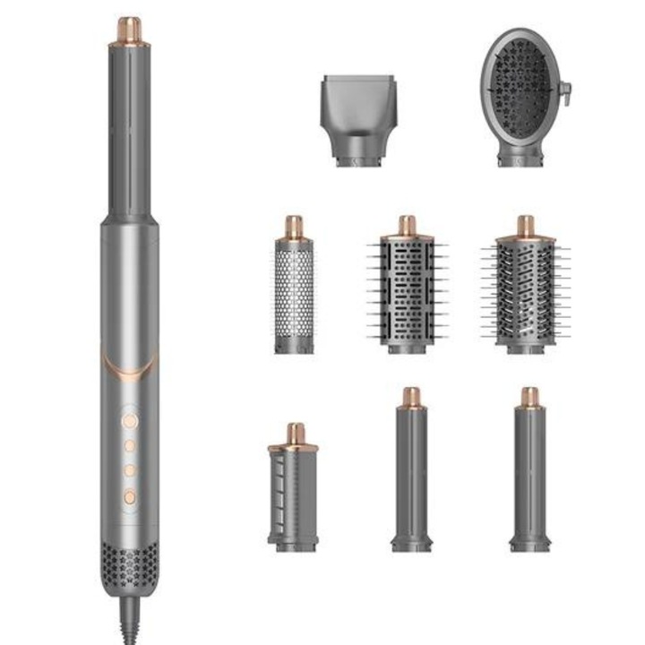 Uscator de Par Profesional 8 in 1, Uniorange, Multifunctional, 4 Trepte, Perie Electrica, Perie cu Aer Cald, Pieptene pentru Indreptat Parul, Bagheta Electrica de Ondulare, Ioni Negativi, Par Neted si Protejat, Protectie termica, Silentios, 1100W, Gri