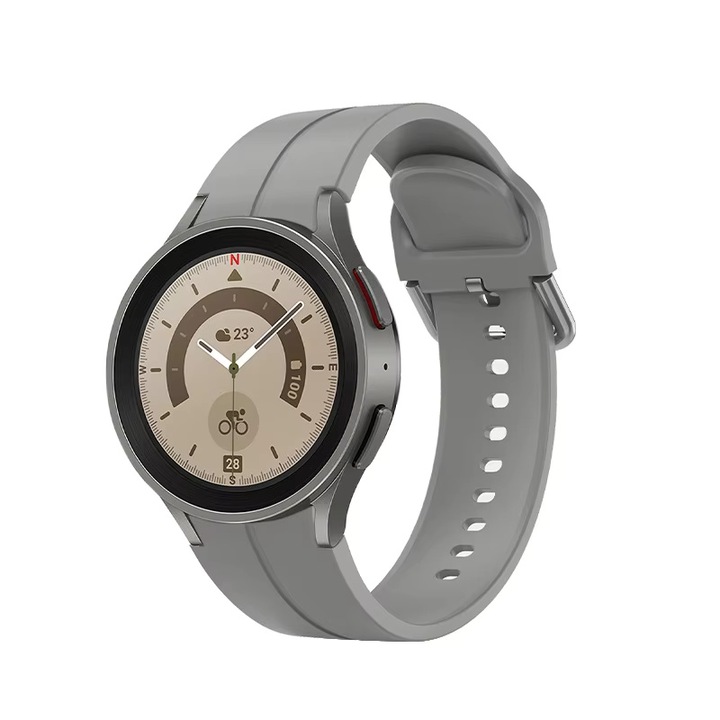 Szilikon szíj kompatibilis a következőkkel: Samsung Galaxy Watch 4, 5, 6, 7 (40 mm és 44 mm), Watch 5 Pro, Watch 6 Classic (43 mm és 47 mm), Huawei GT2 42 mm, GT3 42 mm, szélesség 20 mm, szürke