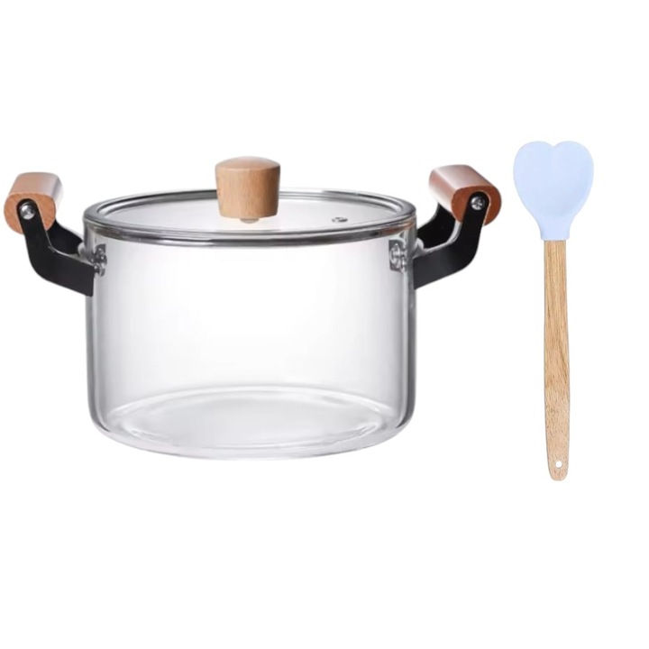 Set Oala Sticla Transparenta 4.5 l cu Manere Lemn+ Spatula din Silicon cu Maner din Lemn, in forma de Inima 28 cm
