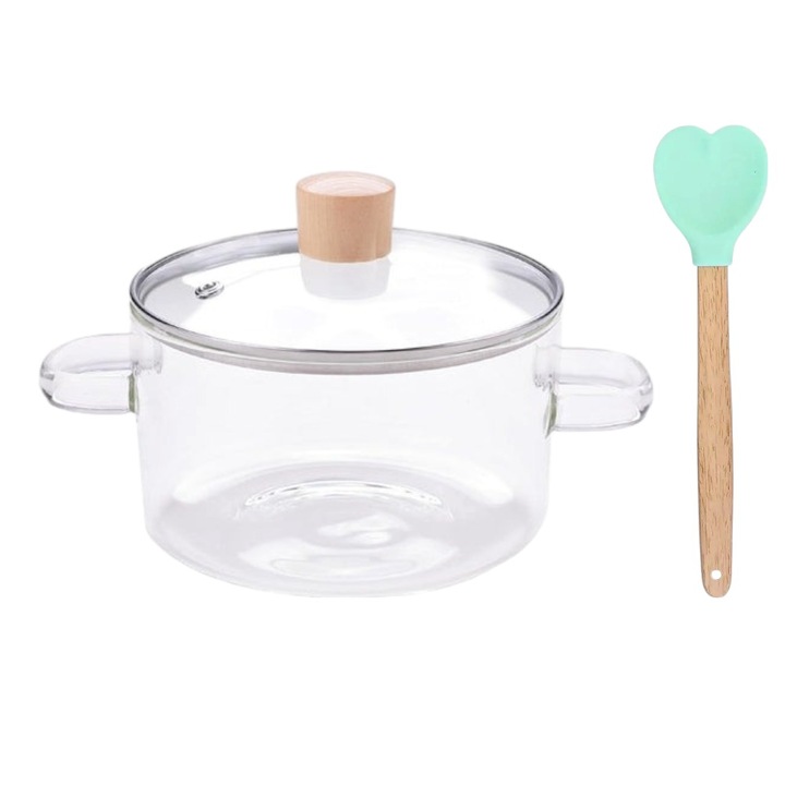 Set Oala Sticla Transparenta 3.2 l + Spatula din Silicon cu Maner din Lemn, in forma de Inima 28 cm