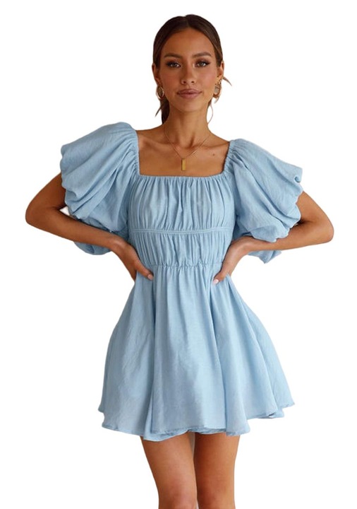 Rochie scurta cu maneci bufante, Cozevdnt, Rayon, Albastru