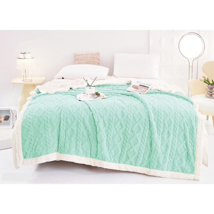 Patura dubla cocolino tip tricotaj, cu model in relief, blanita ecologica, 200X230 cm, 3 kg, Turcoaz