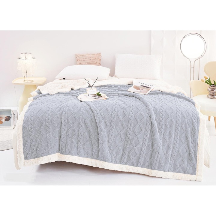 Patura dubla cocolino tip tricotaj, cu model in relief, blanita ecologica, 200X230 cm, 3 kg, Gri