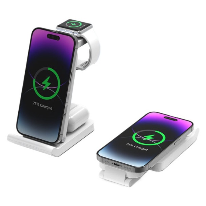 Incarcator wireless 3-in-1, statie de incarcare pentru telefoane, casti, ceasuri inteligente, incarcare rapida 10W, alb