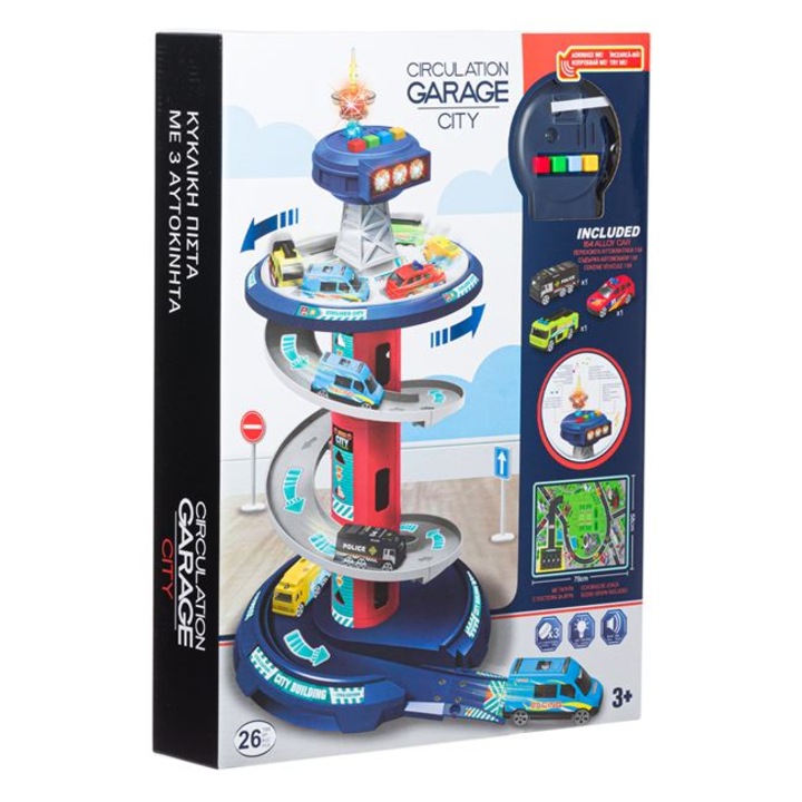 Autógarázs körkörös pályás irányítótorony hanggal és fényekkel 1:64 - 26 darab