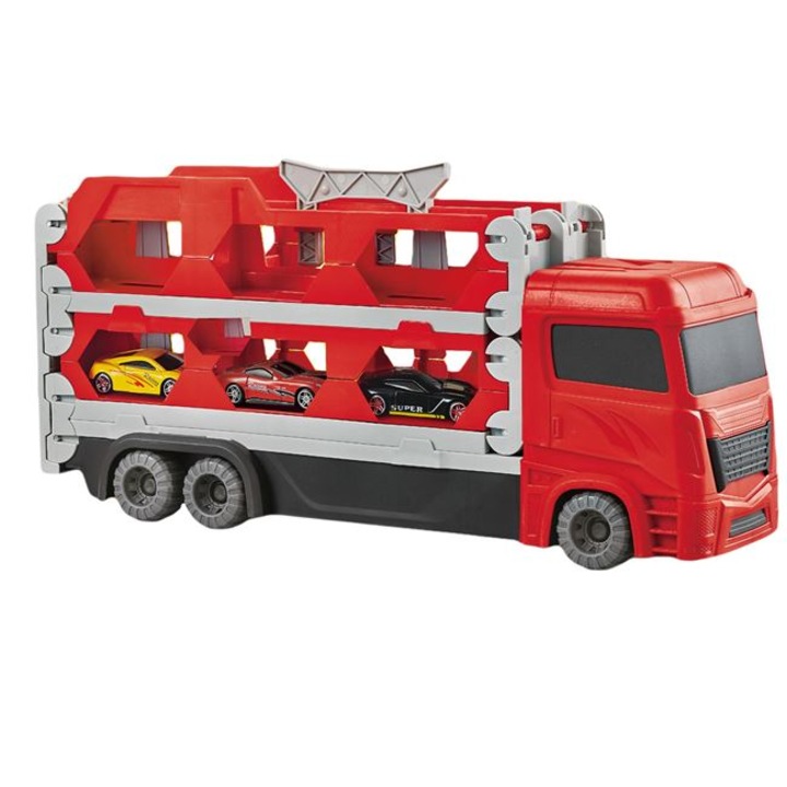 Set de joaca die cast Antbro® cu camion pliabil ce se transforma intr-o pista de lansare cu 3 masinute, multicolor