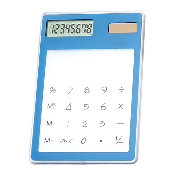 Calculator solar, 8 cifre, ecran tactil, transparent, albastru