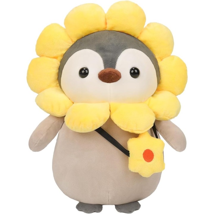 Плюшена играчка Malvys®, Пингвин Floricica, Сиво/Жълто, 25 см