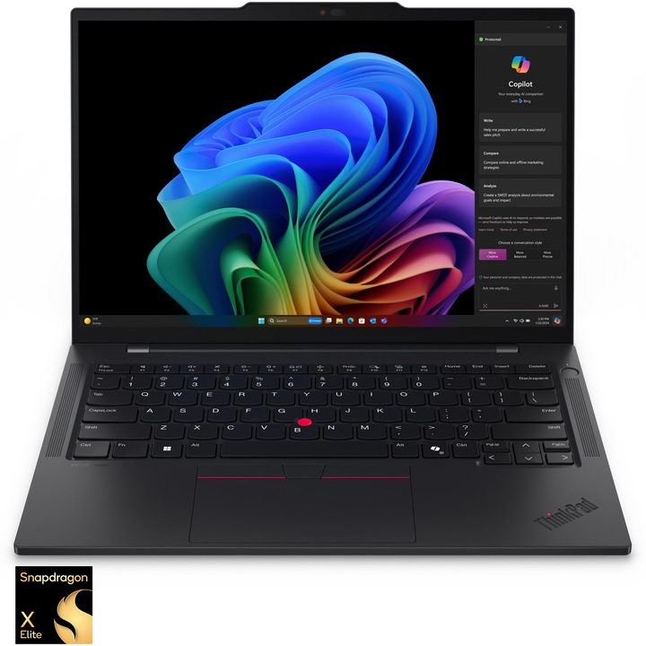 Lenovo ThinkPad T14s Gen 6 ultrahordozható laptop Snapdragon® X Elite X1E-78-100 processzorral 3,4 GHz-ig, 14 hüvelykes WUXGA, IPS, Touch, 32 GB LPDDR5x, 1 TB SSD, Qualcomm® Adreno™, Windows 11 Pro, fekete, 3Y Premier támogatás
