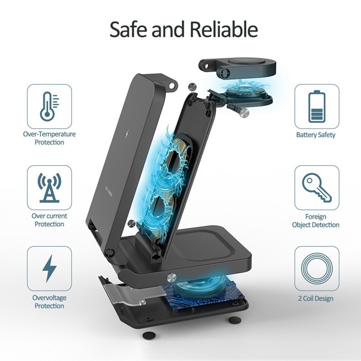 Incarcator wireless 3-in-1, statie de incarcare pentru telefoane, casti, ceasuri inteligente, incarcare rapida 10W, negru