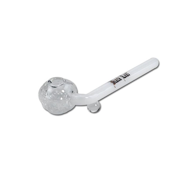 Pipa Black Leaf din Sticla cu suport, bol design capsuna, borosilicata rezistenta la temperaturi inalte, alb-transparent, lungime 11cm