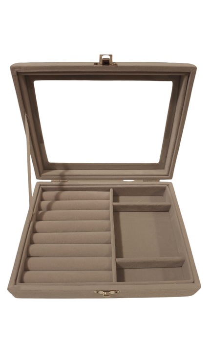 Cutie bijuterii pentru casa, prezentare, expunere vitrina cu geam plastic transparent si inchizatoare 20.5x15.5x5cm, 3 compartimente, culoare gri